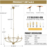 30" Gold Chandelier, Brushed Gold Light Fixture Dining Table Candle Brass Chandelier Lighting For Bedroom Hallway Entryway Living Room Kitchen