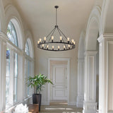 16-Light Large Black Dimmable Wagon Wheel Chandelier Farmhouse Round Vintage Candle Style Ligh