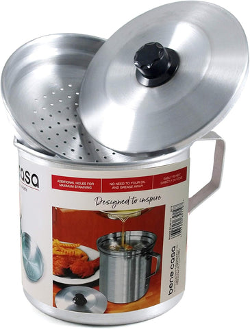 Bene casa 1-quart aluminum oil strainer, 32oz oil dispenser, filter, drip free oil strainer, frying oil filter - 1qt