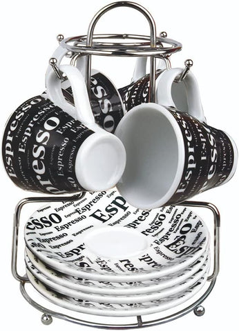 Bene Casa Porcelain 9 Piece Espresso Set with Iron Stand