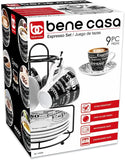 Bene Casa Porcelain 9 Piece Espresso Set with Iron Stand