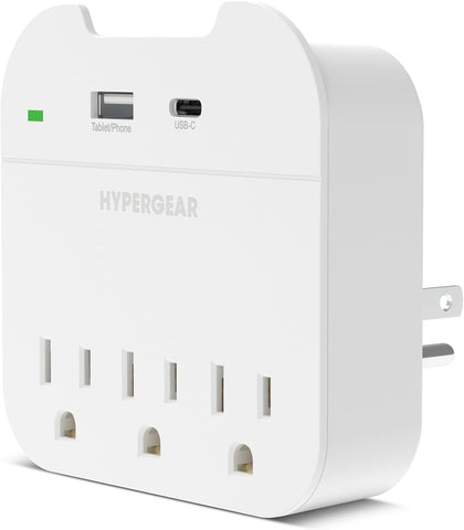 HyperGear Multi-Plug 5-Outlet Wall Tap with USB-C and USB Ports, White, 15705