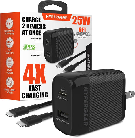 HyperGear Type C Charger Fast Charging - 25W PD & 12W Fast Charger USB-C Port with 6ft Cord Type C