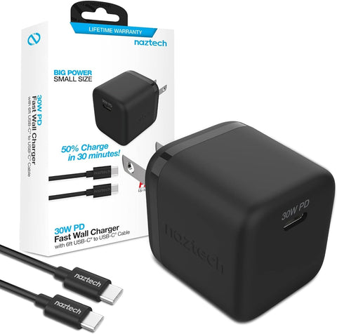 Naztech 30W PD Wall Charger + USB-C to USB-C Cable 6ft for Traveling (15543-HYP)