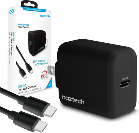 Naztech 20W PD Wall Charger + USB-C to USB-C 4ft Cable Black