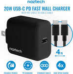 Naztech 20W PD Wall Charger + USB-C to USB-C 4ft Cable Black
