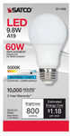 Satco 9.8 Watt - A19 LED  Medium base 120 Volt [Pack of 6]