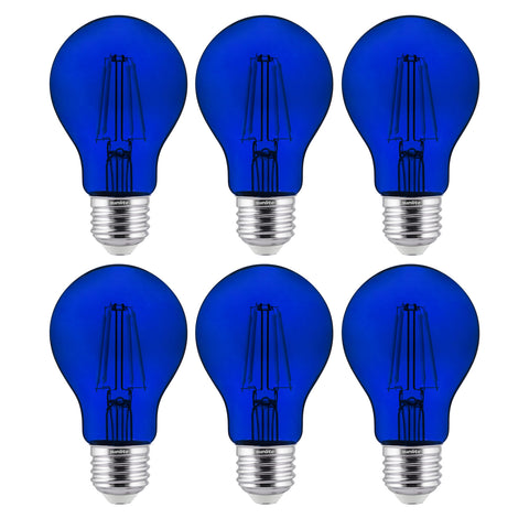 Sunlite LED Colored Filament A19 Light Bulb, 4.5 Watts, Medium E26 Base, 120 Volts, Transparent Blue, Dimmable, 320 Degree Beam Angle, UL Listed, 6 Count