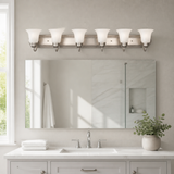 Sunlite 45445 48-Inch Traditional Vanity Light, Classic Decorative Wall Sconce, Bell-Shaped Alabaster Glass Shades, 6 60W A19 Bulbs (Not Included) Mirrors, Bathrooms Powder Room, Brushed Nickel Finish