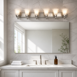 Sunlite 45445 48-Inch Traditional Vanity Light, Classic Decorative Wall Sconce, Bell-Shaped Alabaster Glass Shades, 6 60W A19 Bulbs (Not Included) Mirrors, Bathrooms Powder Room, Brushed Nickel Finish