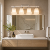 Sunlite 46064 25″ Modern Square Bell Vanity Wall Mount Light Fixture, Medium Base (E26) Socket, Standard A19 Bulb Required (100W Max), Frosted Glass Shade, UL Listed, 4 Light Brushed Nickel Finish