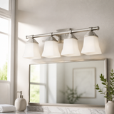 Sunlite 46064 25″ Modern Square Bell Vanity Wall Mount Light Fixture, Medium Base (E26) Socket, Standard A19 Bulb Required (100W Max), Frosted Glass Shade, UL Listed, 4 Light Brushed Nickel Finish