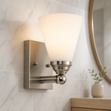 Sunlite 81316-SU Cone Shade Vanity Light Fixture, Wall Mount, Medium (E26) Socket, Standard A19 Bulb Required (60W Max), Bathrooms, Powder Rooms, Frosted Glass Shade, Brushed Nickel Base 1-Light