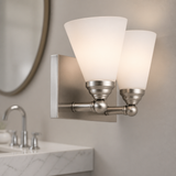 Sunlite 81317-SU Cone Shade Vanity Light Fixture, Wall Mount, Medium (E26) Socket, Standard A19 Bulb Required (60W Max), Bathrooms, Powder Rooms, Frosted Glass Shade, Brushed Nickel Base 2-Lights