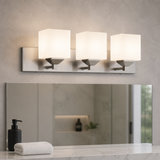 Sunlite 81324-SU Contemporary Square Shade Vanity Fixture, 6″ Wall Mount, Medium Base (E26) Socket, Standard A19 Bulb Required (60W Max), Bathrooms, Powder Rooms, Frosted Glass Shade, Brushed Nickel Base 3-Lights