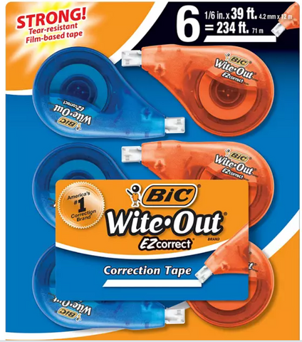 BIC Wite-Out Brand EZ Correct Correction Tape, White, 6 Count, Colors may vary