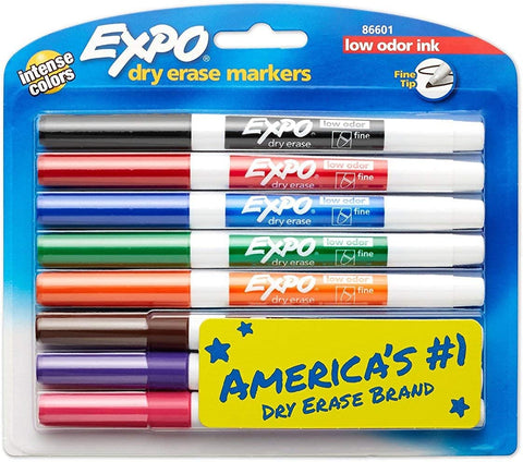 Low-Odor Dry-Erase Marker, Fine Bullet Tip, Assorted Colors, [8 Pack]