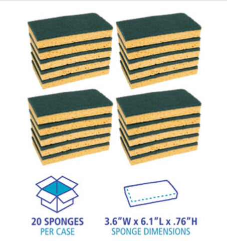 Scrubbing Sponge, Medium Duty, 3.6 x 6.1, 0.75" Thick, Yellow/Green, Individually Wrapped, 20/Carton