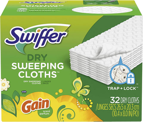 Swiffer Sweeper Dry Sweeping Pad Refills, Hardwood Floor Mop Cleaner Cloth Refill, Gain Scent, 32 Count