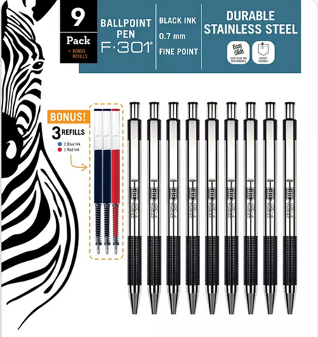 Zebra - F-301 Ballpoint Retractable Pen, Black Ink, Fine - [9 Pens]